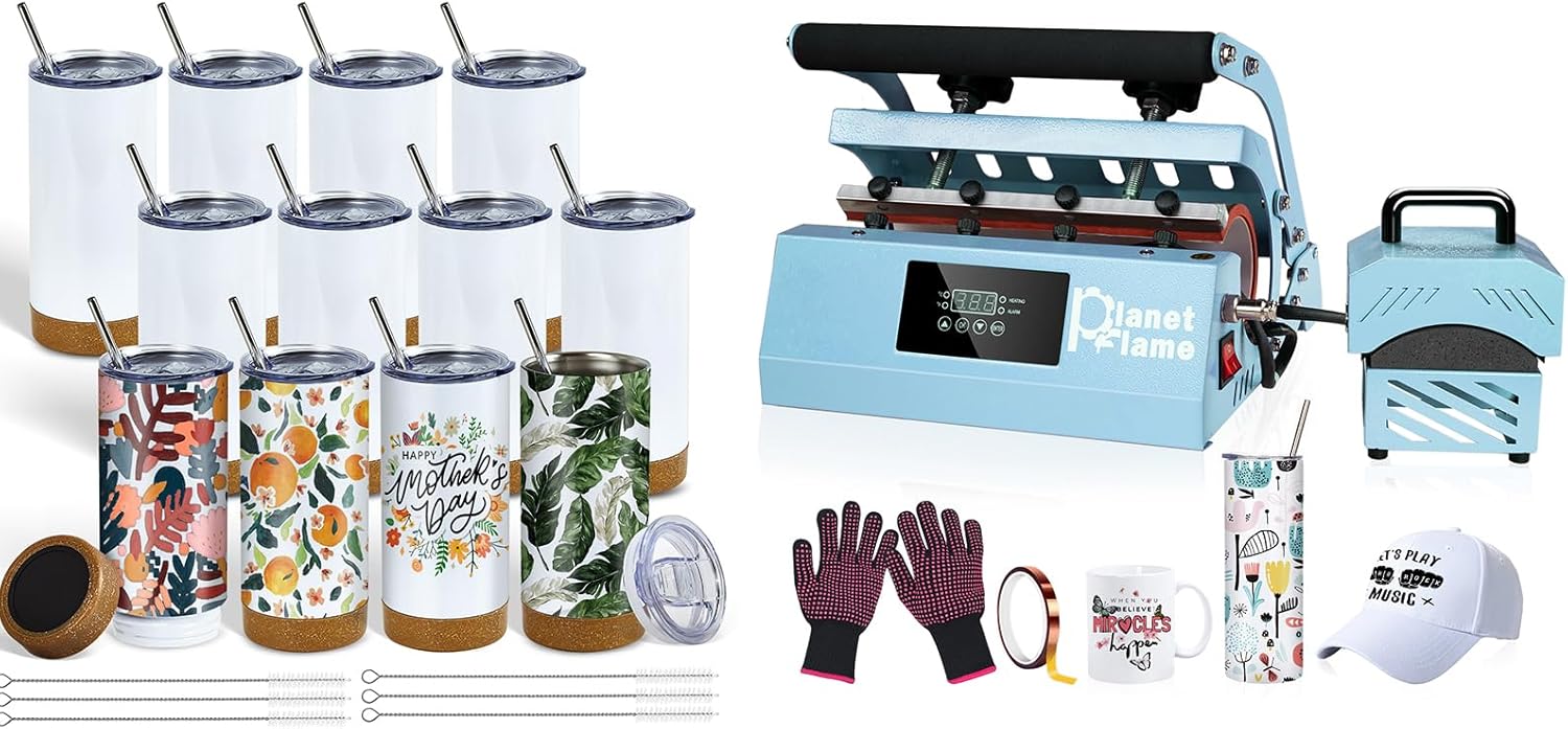 PlanetFlame 2-in-1 tumbler and hat press bundled with 12-pack 17 oz tumblers